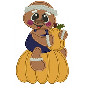 Gingerbread Man Sitting On the Big Pumpkin And Holding a Small Pumpkin Fall Applique Machine Embroidery Design Digitized Pattern