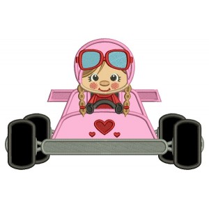 Girl Race Car Driver With Heart Applique Machine Embroidery Design Digitized Pattern