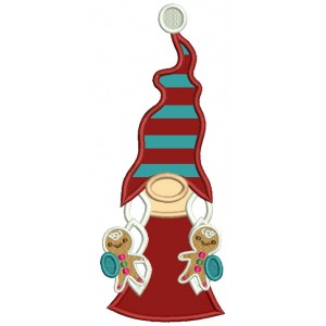 Gnome Holding Two Gingerbread Men Christmas Applique Machine Embroidery Design Digitized Pattern