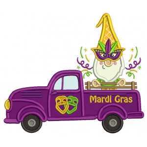 Gnome Sitting On The Mardi Gras Truck Applique Machine Embroidery Design Digitized Pattern