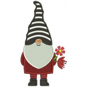 Gnome WIth Flowers Behind His Back Valentine's Day Filled Machine Embroidery Design Digitized Pattern