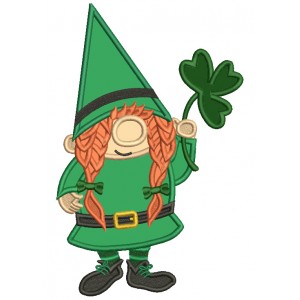 Gnome WIth a Big Pointy Hat Holding Shamrock St.Patrick's Day Applique Machine Embroidery Design Digitized Pattern 