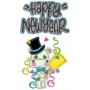 Happy New Year Hippo With a Ring Bell Applique Machine Embroidery Design Digitized Pattern