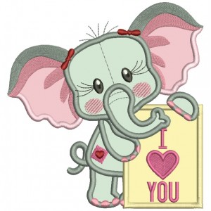 I Love You Cute Little Elephant Applique Machine Embroidery Design Digitized Pattern