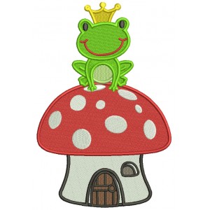 King Frog Sitting On a Mushroom House Filled Machine Embroidery Design Digitized Pattern