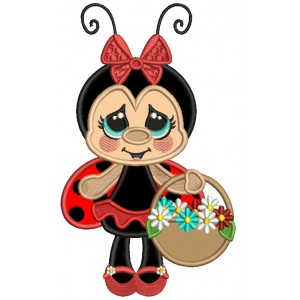Ladybug With Big Eyes and Flower Basket And a Bow Applique Machine Embroidery Design Digitized Pattern