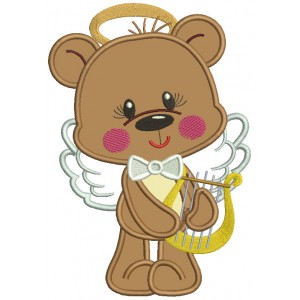 Little Bear Angel Playing Harp Applique Machine Embroidery Design Digitized Pattern