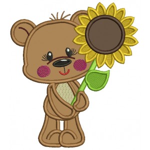 Little Bear Girl Holding Sunflower Thanksgiving Applique Machine Embroidery Design Digitized Pattern