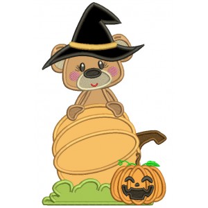 Little Bear Wearing Witch Hat Standing Behind Pumpkin Halloween Applique Machine Embroidery Design Digitized Pattern