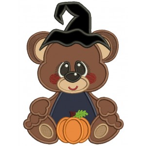 Little Bear Wearing Witch Hat With Pumpkin Halloween Applique Machine Embroidery Design Digitized Pattern