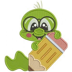 Little Book Worm Holding a Pencil School Filled Machine Embroidery Design Digitized Pattern