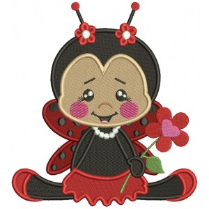 Little Ladybug Holding a Flower Filled Machine Embroidery Design Digitized Pattern 