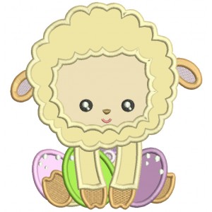 Little Lamb Sitting With Easter Eggs Applique Machine Embroidery Design Digitized Pattern 