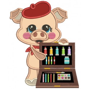 Little Piggy Artist Applique Machine Embroidery Design Digitized Pattern