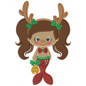 Mermaid With Deer Antlers Filled Christmas Machine Embroidery Design Digitized Pattern