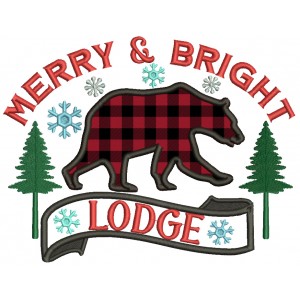 Merry And Bright Lodge Black Bear Christmas Applique Machine Embroidery Design Digitized Pattern