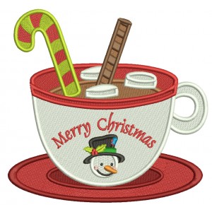 Merry Christmas Hot Cocoa Cup With Snowman Filled Machine Embroidery Design Digitized Pattern