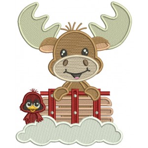 Moose With a Bird And Snow Christmas Filled Machine Embroidery Design Digitized Pattern