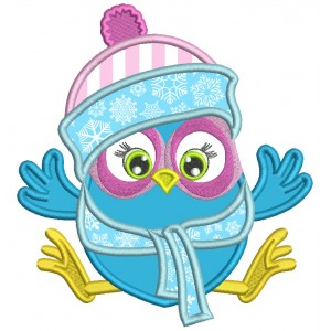 Owl Wearing Snow Hat And Scarf Christmas Applique Machine Embroidery Design Digitized Pattern