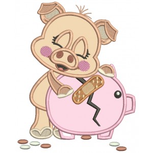 Piggy Hugging Broken Piggy Bank Applique Machine Embroidery Design Digitized Pattern
