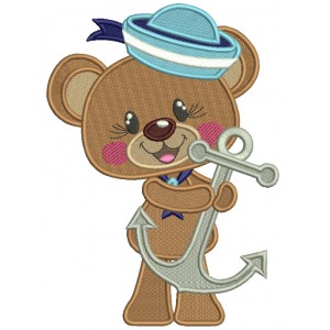 Sailor Baby Bear Holding Boat Anchor Filled Machine Embroidery Design Digitized Pattern