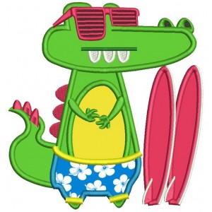 Surfer Gator Wearing Sunglasses Applique Machine Embroidery Design Digitized Pattern