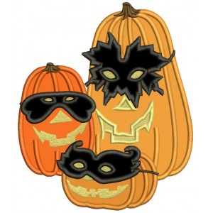 Three Pumpkins Wearing Face Masks Halloween Applique Machine Embroidery Design Digitized Pattern