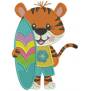Tiger Boy With Surfboard Summer Filled Machine Embroidery Design Digitized Pattern
