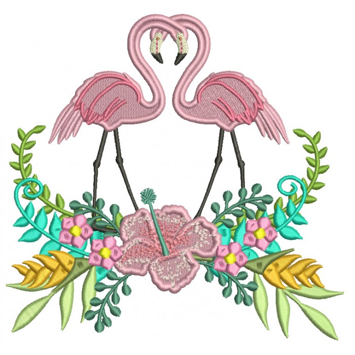 Two Flamingos And Beautiful Flowers Filled Machine Embroidery Design ...