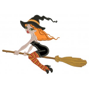 Witch Flying a Broom Halloween Applique Machine Embroidery Design Digitized Pattern