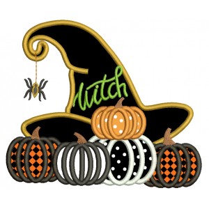 Witch Hat With Spider And Pumpkins Halloween Applique Machine Embroidery Design Digitized Pattern