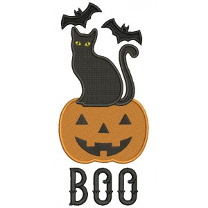 BOO Black Cat Is Sitting on a Pumpkin Halloween Filled Machine Embroidery Design Digitized Pattern