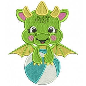 Baby Dragon Holding Beach Ball Summer Filled Machine Embroidery Design Digitized Pattern