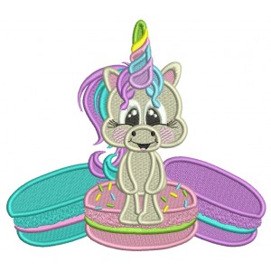 Baby Unicorn Sitting On a Macaron Filled Machine Embroidery Design Digitized Pattern
