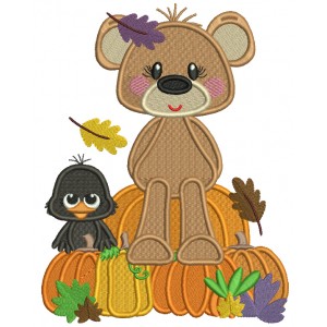 Bear And a Crow Sitting On Pumpkins Thanksgiving Filled Machine Embroidery Design Digitized Pattern