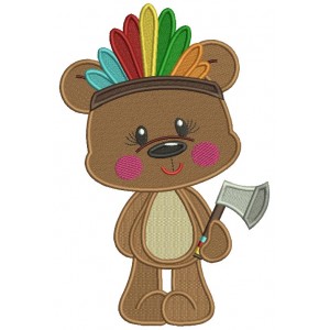Bear Indian With a Tomahawk Thanksgiving Filled Machine Embroidery Design Digitized Pattern