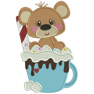 Bear Sitting Inside a Cup With Chocolate And Marshmallow Christmas Filled Machine Embroidery Design Digitized Pattern