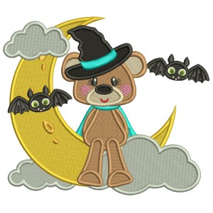 Bear Wearing Witch Hat SItting On The Moon Halloween Filled Machine Embroidery Design Digitized Pattern