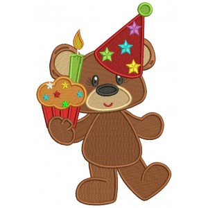 Birthday Bear With a Cupcake With Candle Filled Machine Embroidery Design Digitized Pattern
