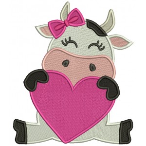 Cute Baby Cow Holding Big Heart Valentine's Day Filled Machine Embroidery Design Digitized Pattern