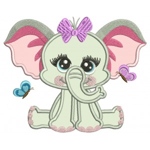 Cute Baby Girl Elephant With Butterflies Applique Machine Embroidery Design Digitized Pattern