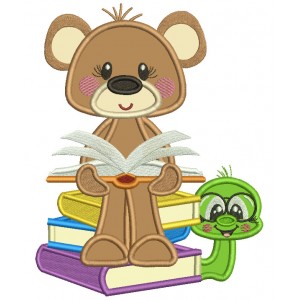 Cute Bear Reading Book School Applique Machine Embroidery Design Digitized Pattern