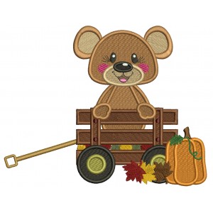 Cute Bear Sitting Inside Wagon With Fall Leaves Filled Machine Embroidery Design Digitized Pattern