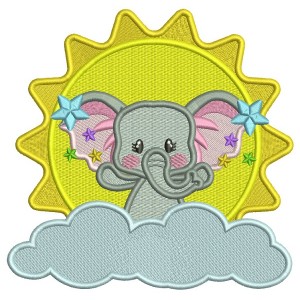 Cute Elephant On a CLoud And Big Sun Filled Machine Embroidery Design Digitized Pattern