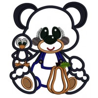 Cute Little Bear Wearing Overalls With Crow Fall Applique Machine Embroidery Design Digitized Pattern