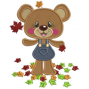 Cute Little Girl Bear Catching Leaves Fall Filled Machine Embroidery Design Digitized Pattern