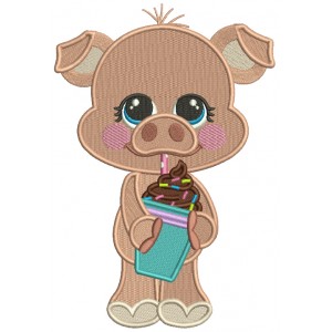 Cute Little Piggy Drinking Chocolate Shake Filled Machine Embroidery Design Digitized Pattern