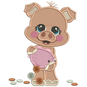 Cute Little Piggy Holding Pennies in a Piggy Bank Filled Machine Embroidery Design Digitized Pattern