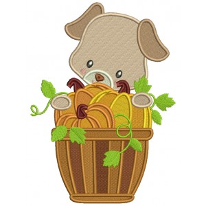 Cute Little Puppy With a Basket Full Of Pumpkins Thanksgiving Filled Machine Embroidery Design Digitized Pattern