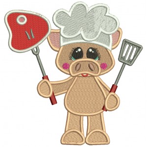Cute Pig Cook Holding Big Steak Filled Machine Embroidery Design Digitized Pattern